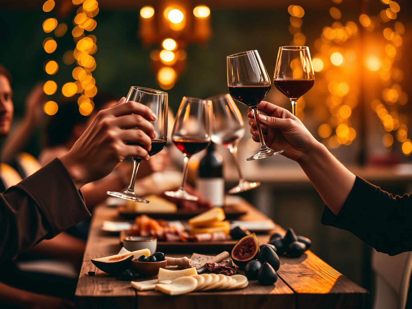 Pessoas a brindar com copos de vinho sobre uma mesa de charcutaria num evento gastronómico